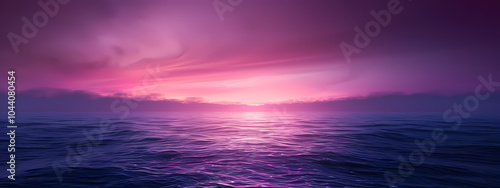 A serene sunset over calm ocean waters, with vibrant hues of purple and pink blending in the sky.