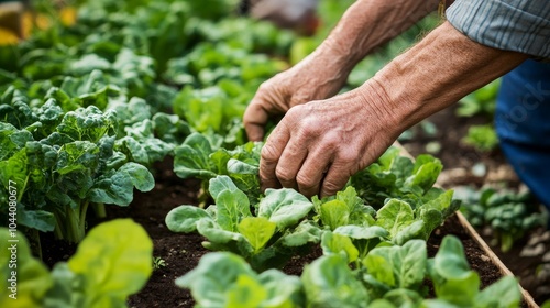 The hands of a farmer cultivating organic vegetables in an urban rooftop garden, Reflecting sustainability and community resilience, close-up photography style