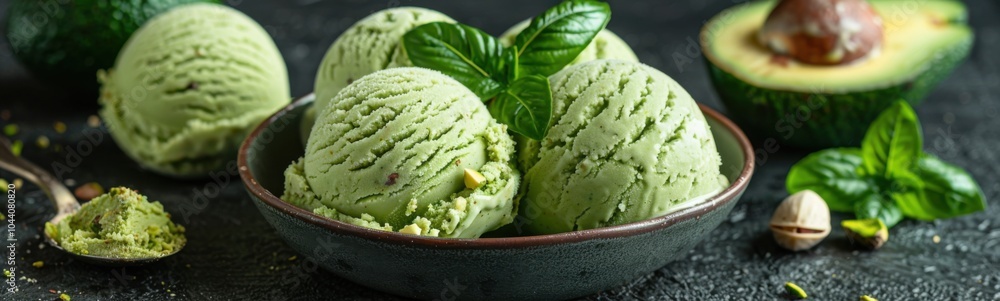 Avocado ice cream in a bowl with a spoon, food background, banner, copy space Avocado ice cream in a bowl with a spoon, food background, banner, copy space