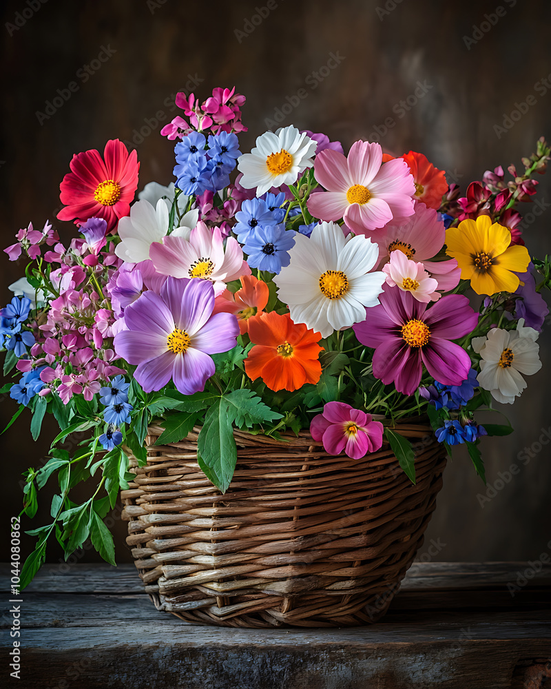 A basket full of colorful wildflowers including pink, purple, and yellow blooms creates vibrant and cheerful display. This arrangement brings joy and beauty to any space A basket full of colorful wildflowers including pink, purple, and yellow blooms creates vibrant and cheerful display. This arrangement brings joy and beauty to any space