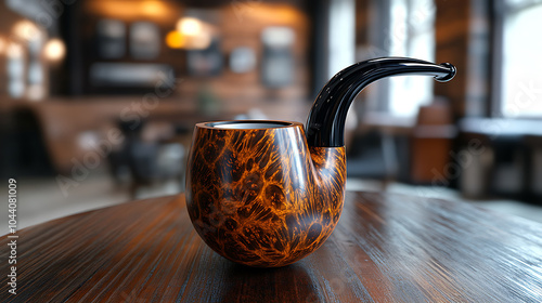 A beautifully crafted pipe sits elegantly on wooden table, showcasing its intricate design and rich colors. warm ambiance of room enhances its charm, inviting relaxation photo