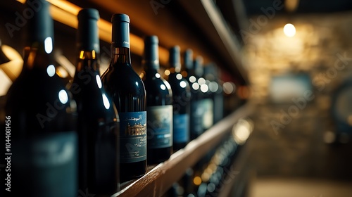 A row of wine bottles on a wooden shelf in a dimly lit wine cellar.