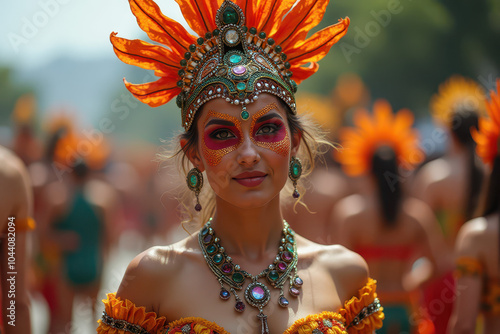 Woman wearing a beautiful feather crown and stunning necklace, exuding elegance