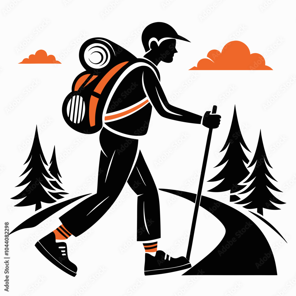 Fototapeta premium Outdoor enthusiast hiking with a backpack and gear on a winding path, adventure illustration