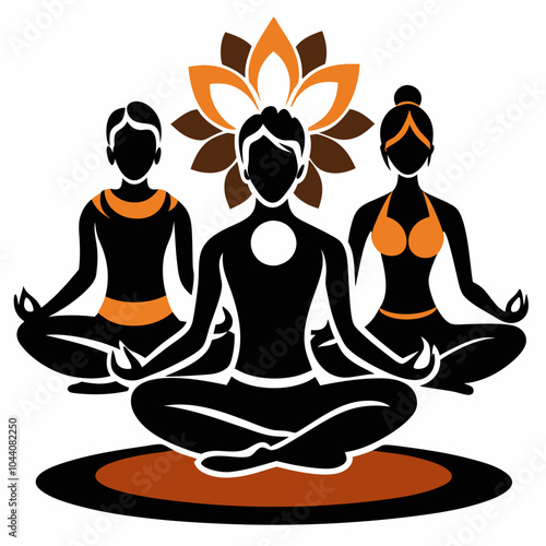 Three persons meditating in yoga poses with lotus flower backdrop, wellness concept, graphic design