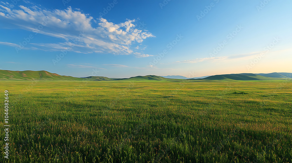 A vast green landscape stretches across Inner Mongolia steppe, showcasing rolling hills under clear blue sky. serene beauty of nature evokes sense of peace and tranquility A vast green landscape stretches across Inner Mongolia steppe, showcasing rolling hills under clear blue sky. serene beauty of nature evokes sense of peace and tranquility