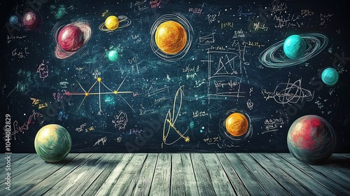 A vibrant illustration of planets and cosmic symbols on a blackboard, showcasing the beauty of astronomy and space science.