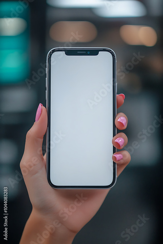 A hand holding smartphone with blank screen, showcasing modern design and elegant style. image captures sense of technology and connectivity