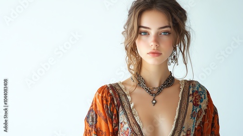 A young woman poses elegantly in a bohemian style outfit, showcasing intricate jewelry and a natural, graceful beauty.