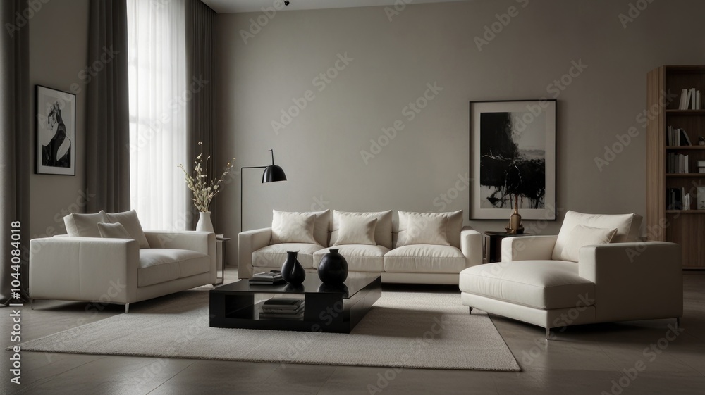 Fototapeta premium Modern living room with a white sofa, a coffee table, a rug, and a large window.