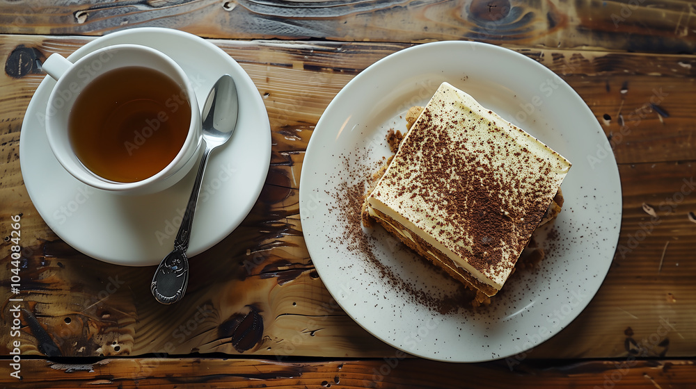 Tiramisu and Tea on Wooden Table Tiramisu and Tea on Wooden Table