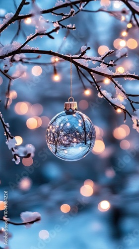 The white ornament, softly illuminated, dangles from a pine branch covered in snow as twinkling lights and gentle snowfall create a magical holiday atmosphere.