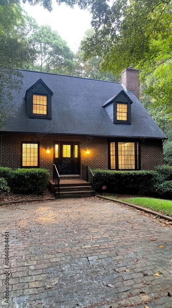 The inviting brick house features a black roof, porch, and paver patio surrounded by trees, creating a peaceful outdoor retreat The inviting brick house features a black roof, porch, and paver patio surrounded by trees, creating a peaceful outdoor retreat
