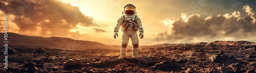 An astronaut stands on a rocky alien planet, illuminated by a dramatic sunset, symbolizing exploration and adventure in space.