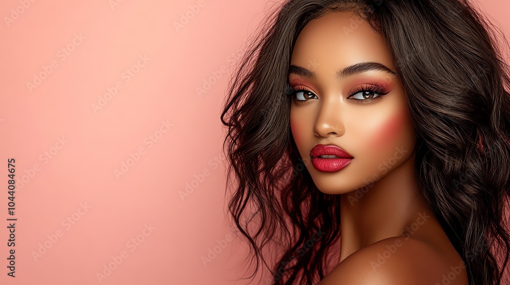 Stunning portrait of a young woman with radiant skin, bold makeup, and flowing hair against a soft pink background. Stunning portrait of a young woman with radiant skin, bold makeup, and flowing hair against a soft pink background.