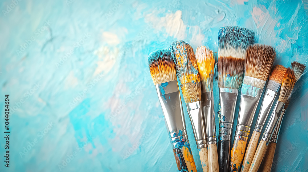 Obraz premium Close-up view of various artist brushes coated with colorful paint on a textured blue surface