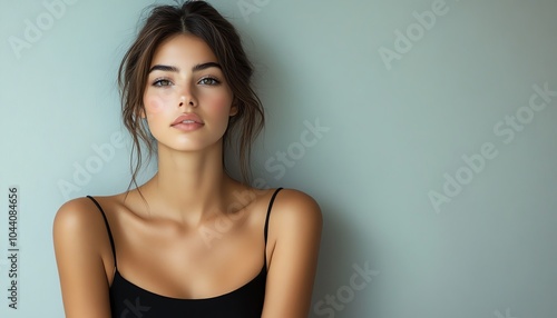 A young woman with natural beauty poses against a neutral background, showcasing elegance and calmness in her expression.