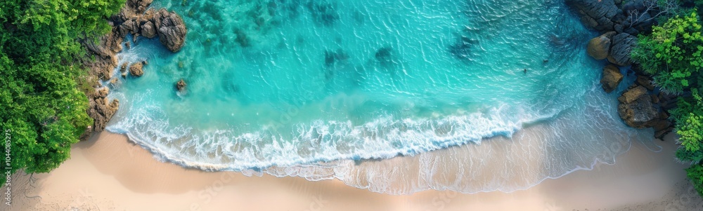 Aerial view of a beach with a boat and a body of water, travel concept, banner Aerial view of a beach with a boat and a body of water, travel concept, banner