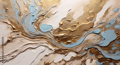Abstract Fluid Art Painting with Swirling Blue and Gold Patterns on a White Canvas