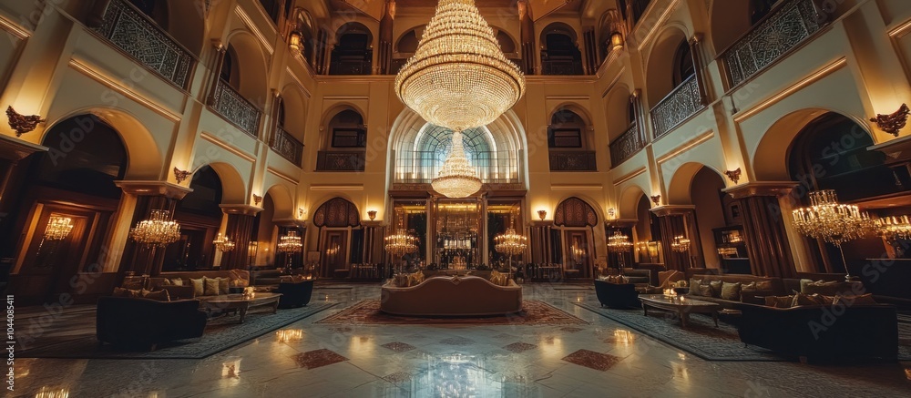 Obraz premium Luxurious lobby with a grand chandelier and marble floors.