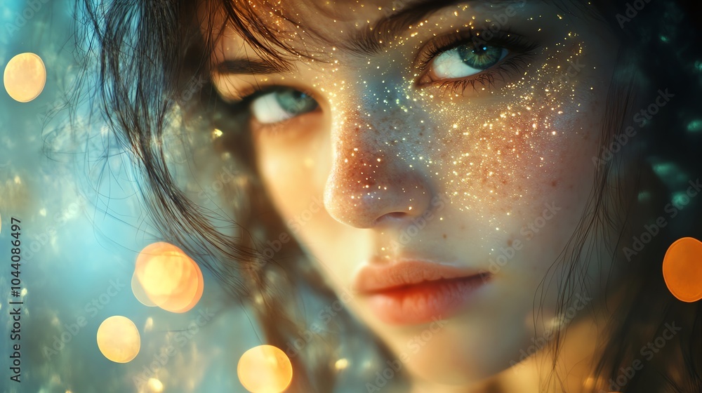 A close-up portrait of a woman with shimmering glitter on her face, surrounded by soft, dreamy lights and an ethereal atmosphere. A close-up portrait of a woman with shimmering glitter on her face, surrounded by soft, dreamy lights and an ethereal atmosphere.