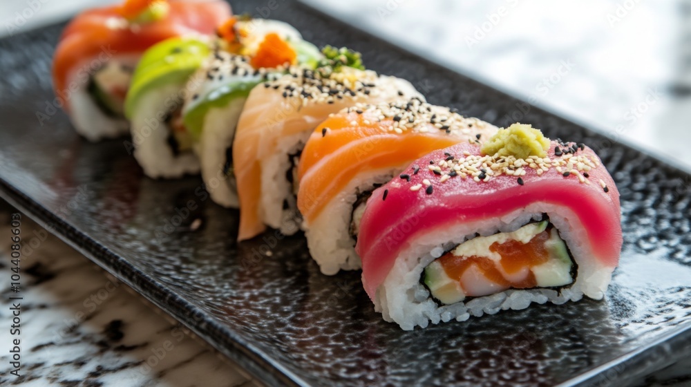 Colorful Sushi Rolls with Salmon, Tuna, and Avocado Colorful Sushi Rolls with Salmon, Tuna, and Avocado