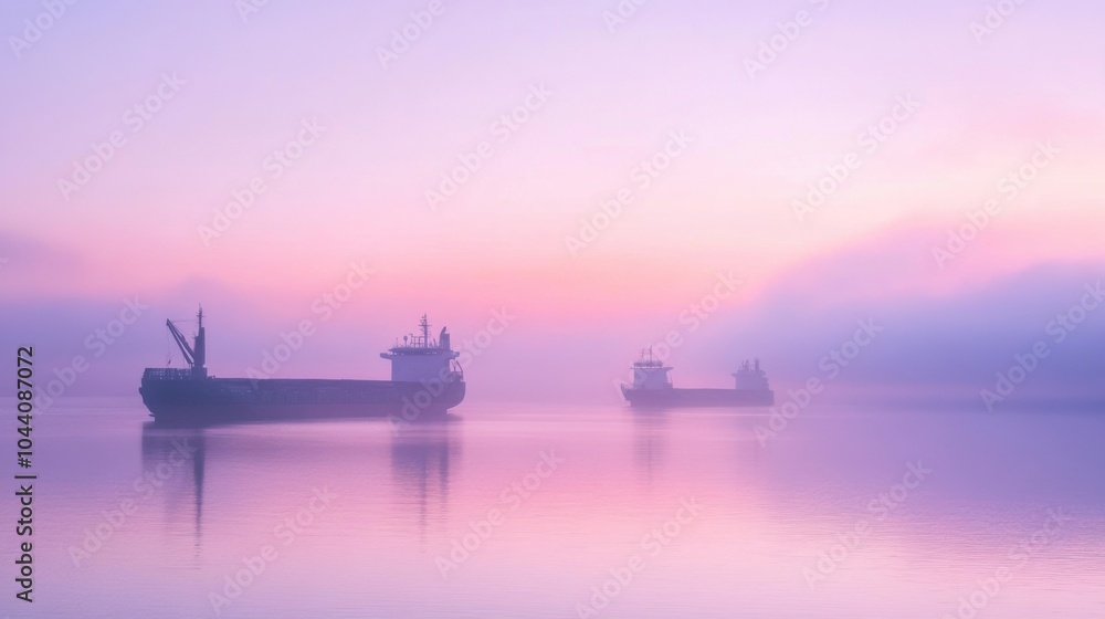 The tranquil morning at a modern port terminal, where cargo ships are prepared for departure under a sky painted in soft pastels, Signifying the growth of global trade with each sunrise The tranquil morning at a modern port terminal, where cargo ships are prepared for departure under a sky painted in soft pastels, Signifying the growth of global trade with each sunrise