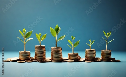 Growing Money: Five Green Plants Sprouting from Stacks of Golden Coins