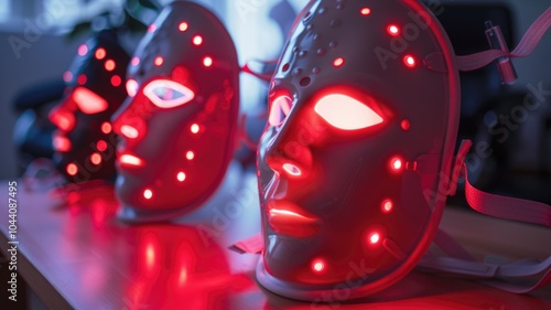 Futuristic red led light therapy masks in a spa setting for skincare rejuvenation photo