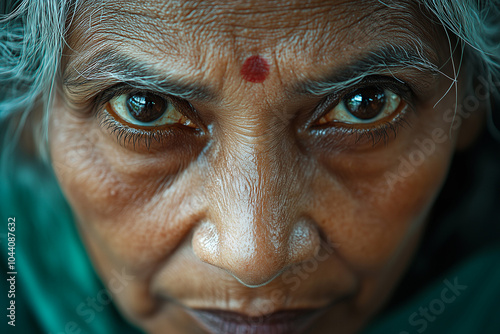 A close-up portrait of a woman with deep-set eyes, showcasing intricate wrinkles and cultural markings, in a rural setting during daylight