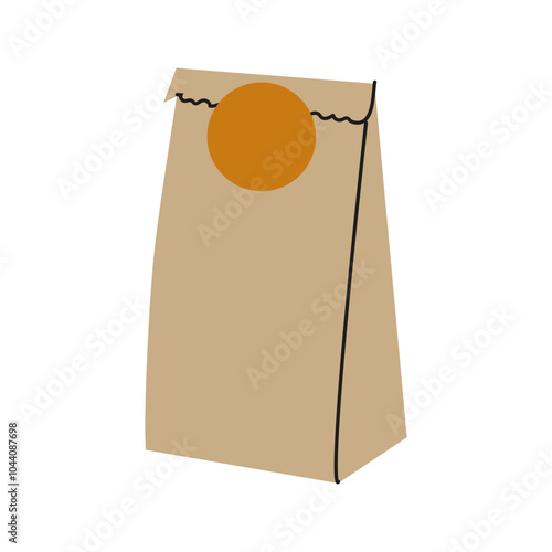 Brown paper bag with a round orange label on a white background, ideal for packaging