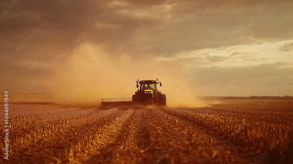 Fototapeta premium Tractor in Field at Sunset Creating Dust Clouds