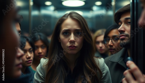 A tense moment in an elevator filled with anxious passengers during rush hour in a bustling city
