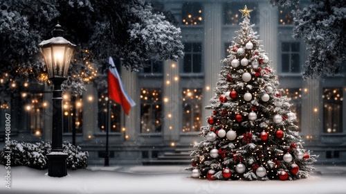 A beautifully decorated Christmas tree with red and white ornaments stands next to a vintage lamp post in a snowy plaza, surrounded by historic architecture