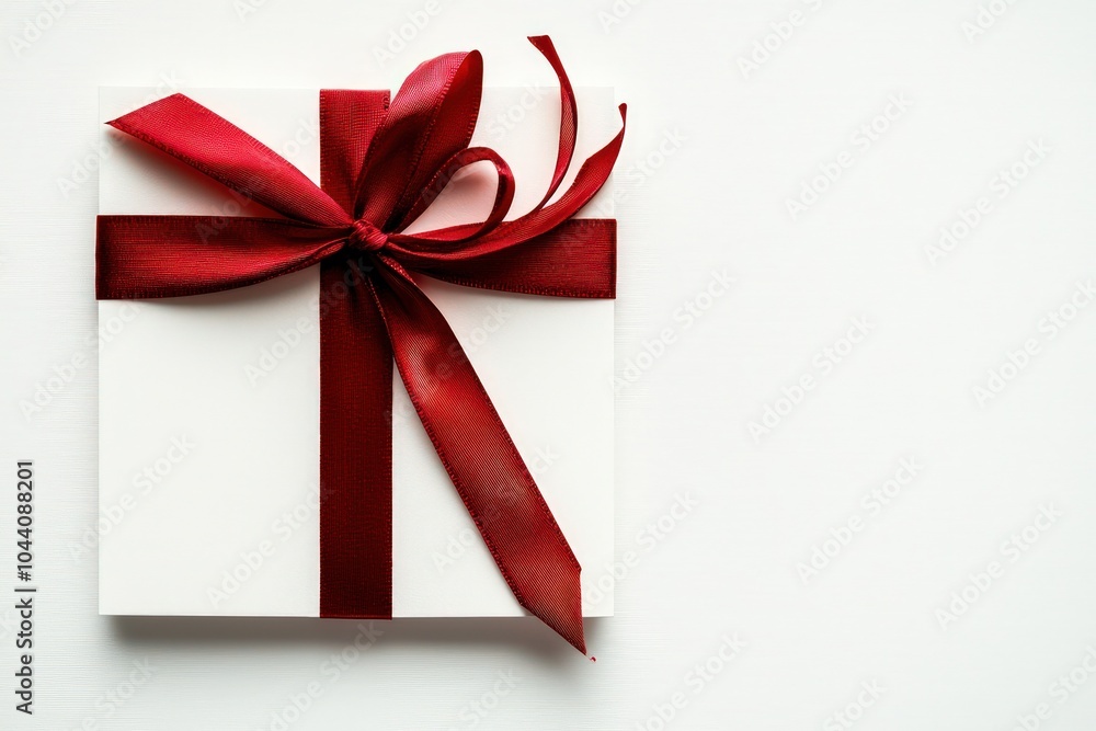 Red ribbon tied on a folded leaflet, placed on a solid white background Red ribbon tied on a folded leaflet, placed on a solid white background