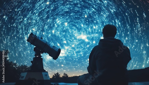 A person gazing at a starry sky through a telescope, exploring the wonders of the universe in a serene night setting. photo