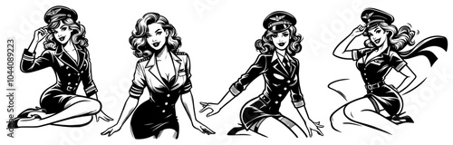 pinup girl, black vector illustration, pin-up woman comic character aircraft pilot female pilot set