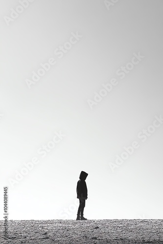 A solitary figure stands against a vast, minimalistic landscape, evoking feelings of isolation and contemplation.