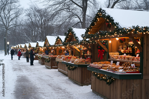 Holiday market bustling with joy, delicious treats, and festive decorations on a snowy evening