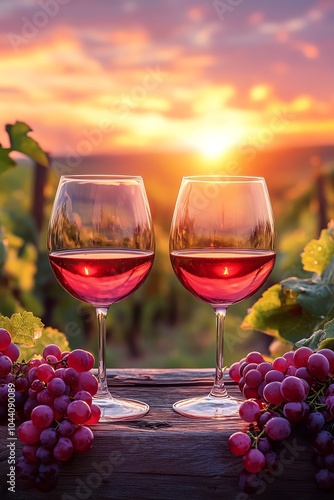 Wallpaper Mural Two wine glasses with red wine and grapes on a wooden table against a vibrant sunset in a vineyard setting, evoking tranquility and elegance. Torontodigital.ca