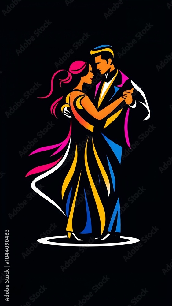Fototapeta premium A colourful stylized graphical image of a couple dancing against a black background