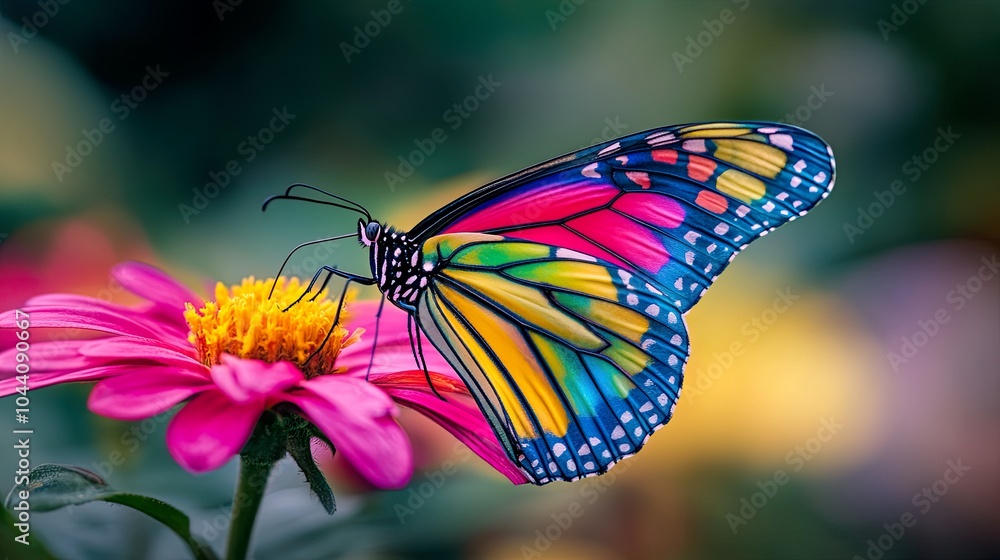 Fototapeta premium A vibrant butterfly with multicolored wings rests on a pink flower, showcasing the beauty of nature in a soft-focus background.
