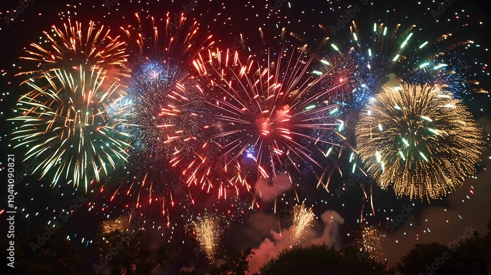 Fototapeta premium Spectacular Fireworks Display with Vibrant Colors and Dazzling Bursts Lighting up the Night Sky