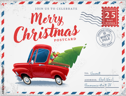 illustration car delivery christmas tree greeting card retro vintage