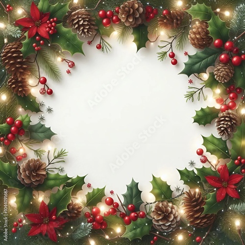 Christmas frame with fir branches, cones, and festive decorations