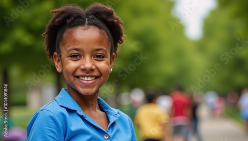 A joyful African-American girl is depicted in a blue shirt portrait