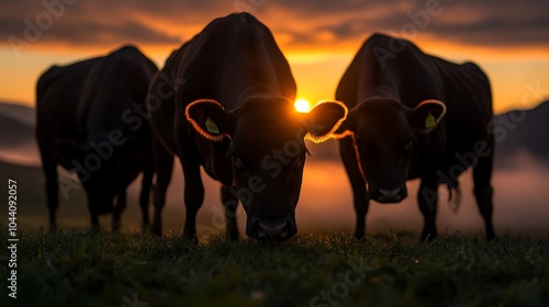 Three cows silhouetted against a sunset, with the sun shining through the center cow's ears, and mist in the background.