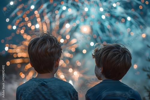 Young Brothers Watching Vibrant Fireworks Display with Blurred Background