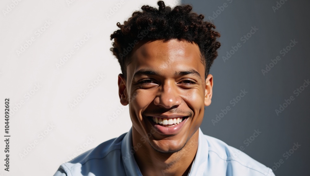 A smiling young African American man with curly brown hair exudes happiness A smiling young African American man with curly brown hair exudes happiness