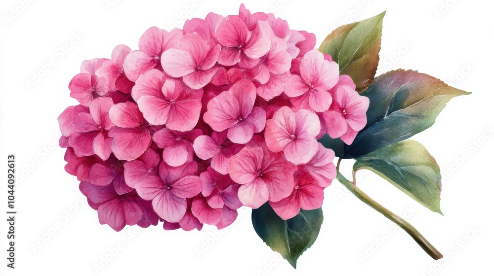 Fototapeta premium Vibrant Pink Hydrangea Cluster with Green Leaves
